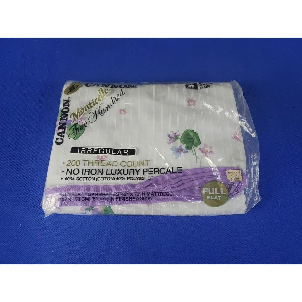 Vtg Cannon Monticello Full & Flat Sheet 200 Thread Count NOS Flowers Purple USA